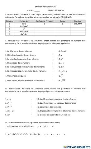 EXAMEN MATEMATICAS (ALGEBRA)