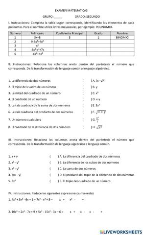 EXAMEN MATEMATICAS (ALGEBRA)