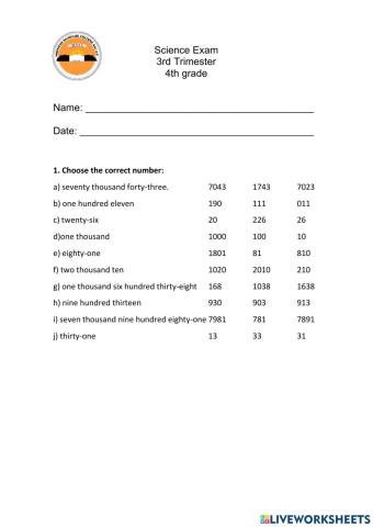 Science exam 4th grade. 3rd trimester
