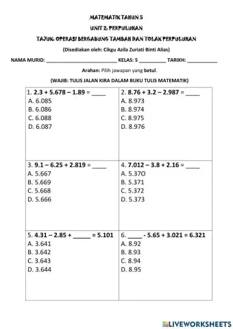 Perpuluhan tambah tolak tahun 5