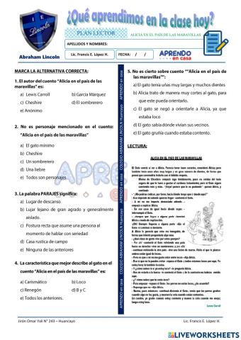 Comp. lectora. ALICIA EN EL PAIS DE LAS MARRAVILLAS