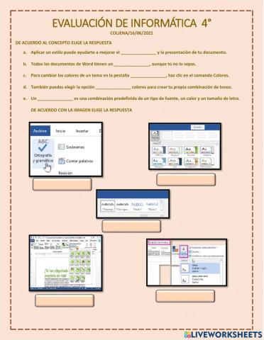 Evaluación de informática grado cuarto