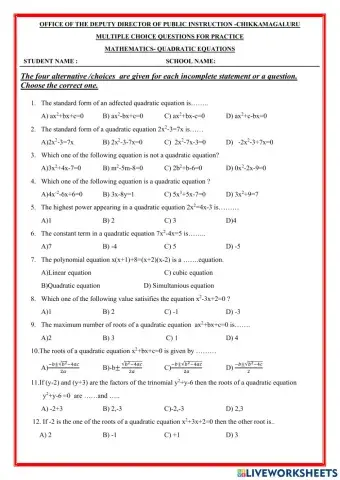 Quadratic equations - multiple choice questions