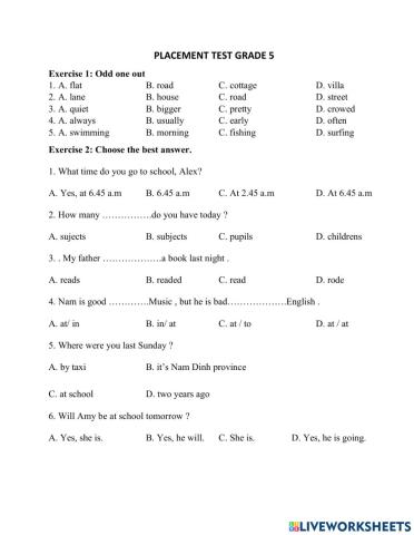 Placement test grade 5