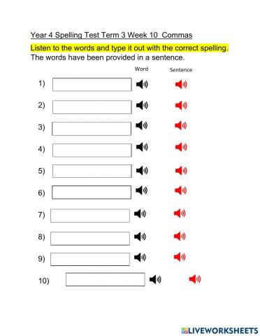 DIS Spelling Test Term 3 Week 10 Commas