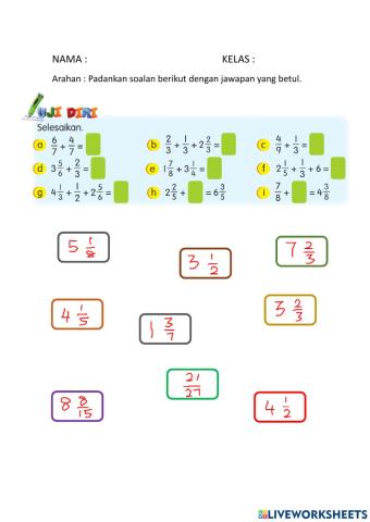 Menambah hingga tiga nombor melibatkan pecahan wajar, nombor bulat dan nombor bercampur.
