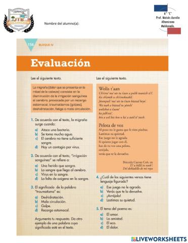 EVALUACIÓN BLOQUE 4 ESPAÑOL