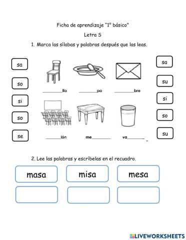 Ficha de aprendizaje letra S