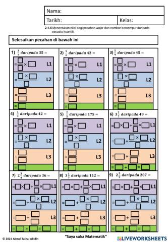 2.1.5 Menentukan nilai bagi pecahan wajar dan nombor bercampur daripada sesuatu kuantiti.
