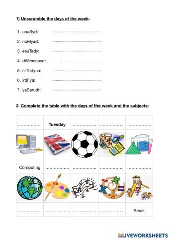 School subjects and days of the week