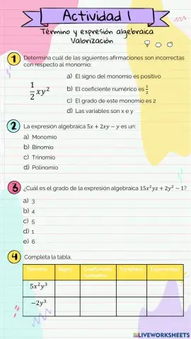 Actividad repaso expresiones algebraicas