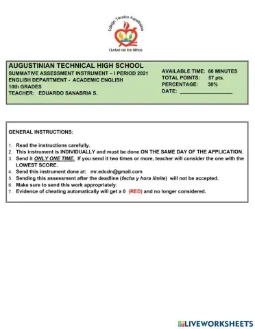 ASSESSMENT INSTRUMENT -TO KNOW SECTION  - 10th GRADES