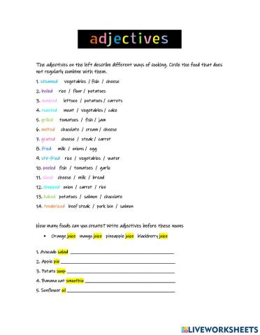 Cooking adjectives
