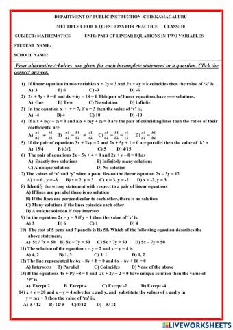 LINEAR EQUATIONS IN TWO VARIABLES - MCQ - EM