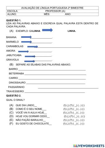 Avaliação de língua portuguesa 2º bimestre