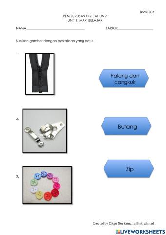 Mengenal zip, cangkuk palang dan butang.