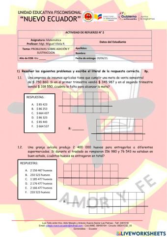 Problemas con adición y sustracción