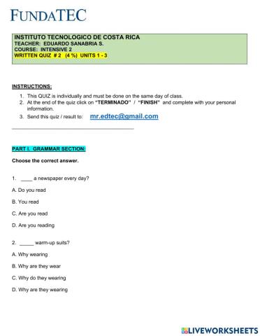 WRITTEN QUIZ 1 -  INTENSIVE 2 (UNITS 1 to 3)