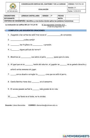 ACTIVIDAD LÚDICA PALABRAS HOMÓNIMAS-7°