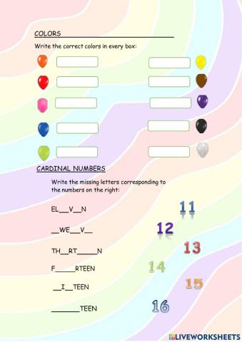 Colors, days of week, seasons and cardinal numbers.
