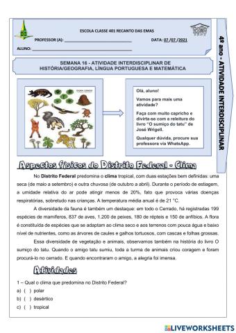 Atividade interdisciplinar - Clima DF, Sistema monetário, valor posicional dos números, sinais de pontuação