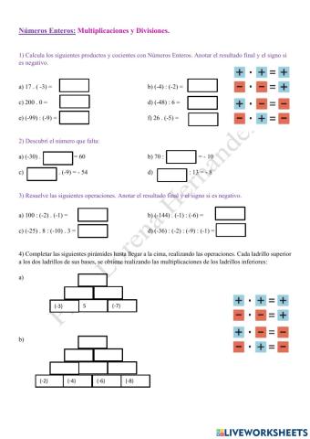 Números Enteros Multiplicaciones y Divisiones