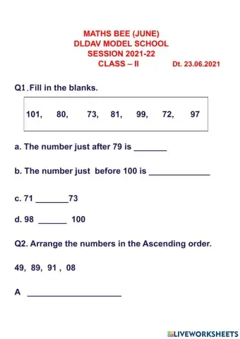 Maths bee practicework