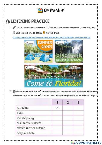 On Vacation -Listening and Reading