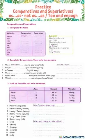 Practice- Comparatives and Superlatives- as..as..-not as..as..- Too or enough