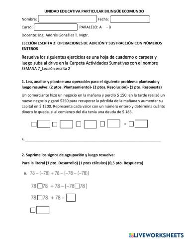 Lección 2: Adición y sustracción de números enteros