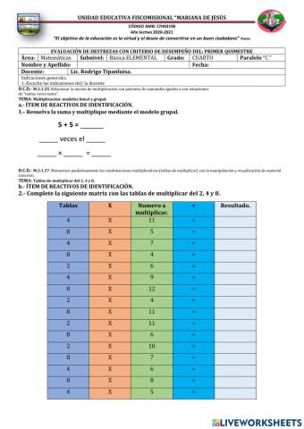 Evaluación de Matemática Cuarto C- Q, II-P, II