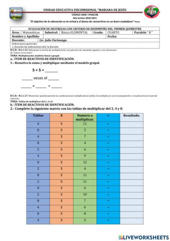 Evaluación de Matemática Cuarto- B- Q, II-P, II