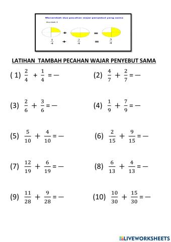Latihan  tambah pecahan wajar penyebut sama