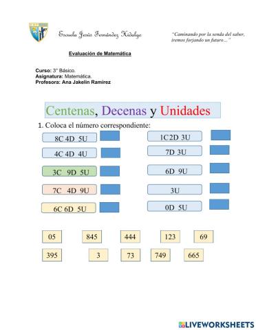 Unidades, decenas y centenas, escritura de números en letras