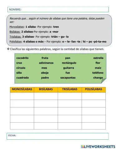 Clasificar palabras por sílabas