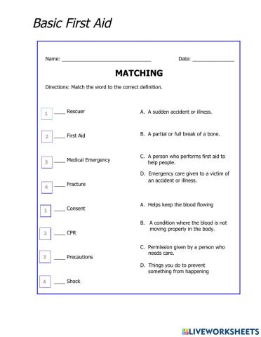 First Aid-Matching Vocabulary