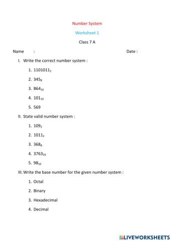 Number System - worksheet 1