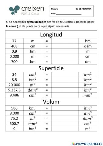 Canvi unitats longitud, superfície i volum