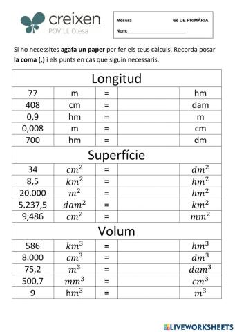 Canvi unitats longitud, superfície i volum