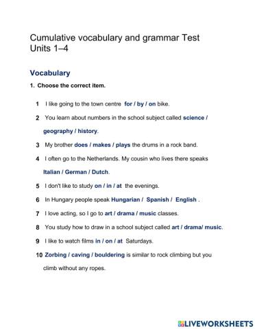 Comulative vocabulary and grammar test