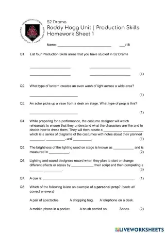 S2 Drama Production Skills Homework