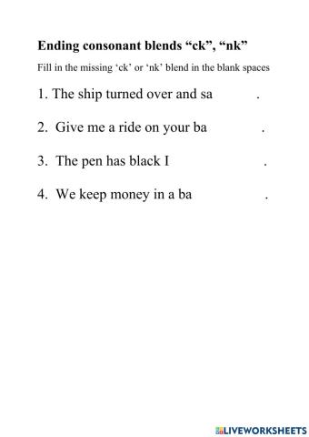 Ending blends ck , nk