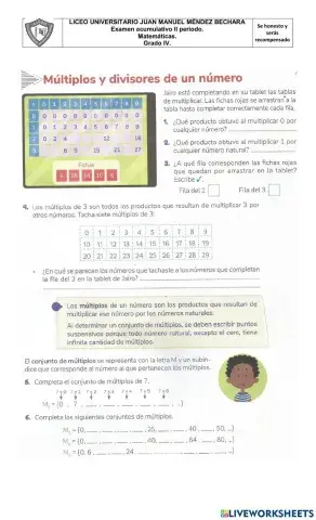 Examen matemáticas 2p grado 4