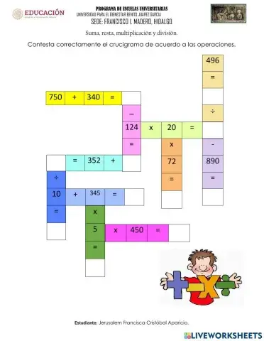 Crucigrama de suma ,resta ,multiplicación y división