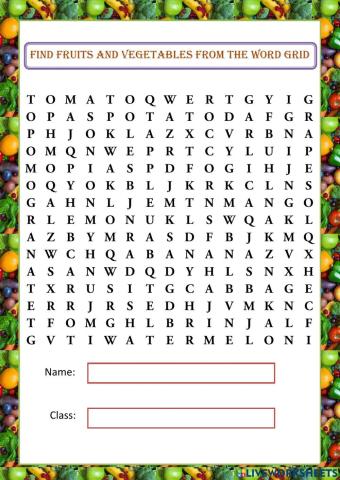 Find fruits and vegetables from the word grid