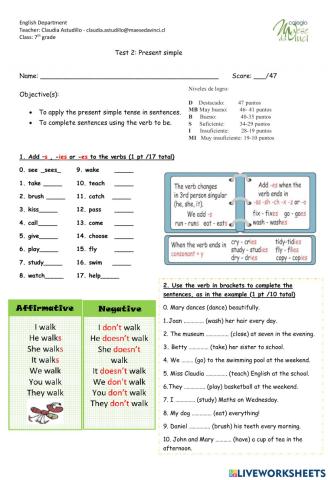 Test present simple 7th grade