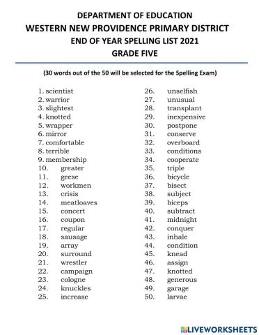 Spelling List Grade 5