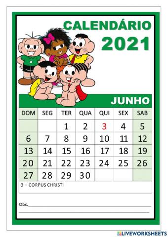 Calendário junho de 2021