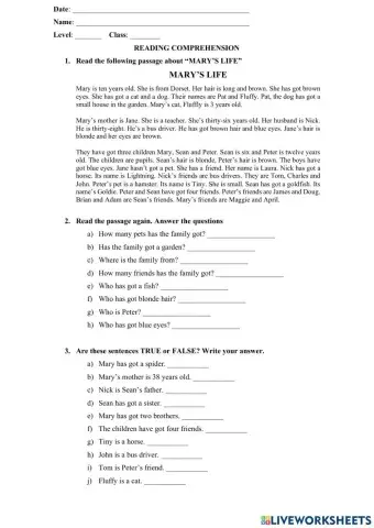 Reading Comprehension: Mary's Life