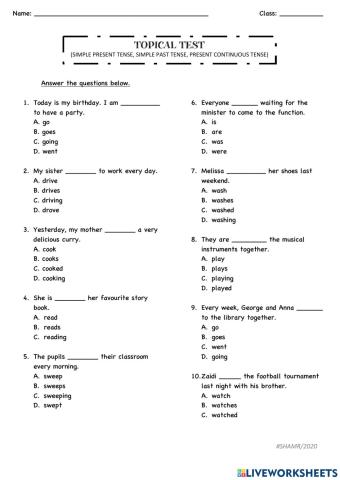 Topical Test: Simple Present Tense, Simple Past Tense, Present Continuous Tense